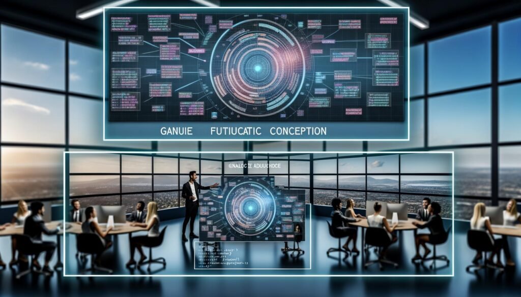 Futuristisch gestalteter Arbeitsplatz mit Menschen, die um digitale holografische Oberflächen zusammenarbeiten, während farbenfrohe semantische Netzwerke und Code auf Bildschirmen sichtbar sind.