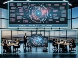 Futuristisch gestalteter Arbeitsplatz mit Menschen, die um digitale holografische Oberflächen zusammenarbeiten, während farbenfrohe semantische Netzwerke und Code auf Bildschirmen sichtbar sind.