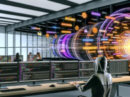 Junge Marketerin im Hoodie analysiert Marketing-Daten an Monitoren mit Dataframes, bunten Dashboards und Code, während Zahlen und Symbole aus einem Datentunnel im modernen Büro strömen.