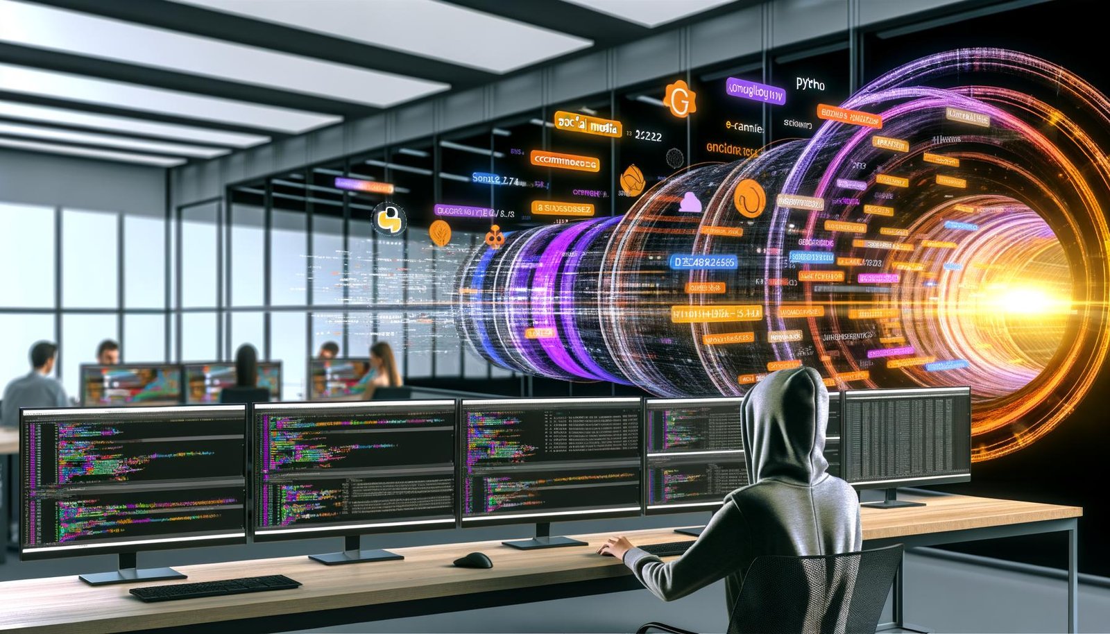 Junge Marketerin im Hoodie analysiert Marketing-Daten an Monitoren mit Dataframes, bunten Dashboards und Code, während Zahlen und Symbole aus einem Datentunnel im modernen Büro strömen.