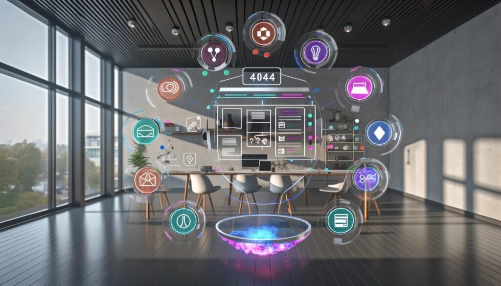 Person mit VR-Brille steht in einem modernen, hellen Raum und nutzt ein großes, schwebendes 3D-Interface mit Canva-typischen Tools, Storyboard, 3D-Asset-Bibliothek, WebXR-Preview und Analytics. Im Vordergrund das Logo von 404 Magazine und leuchtende Kreativ-Icons.