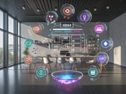 Person mit VR-Brille steht in einem modernen, hellen Raum und nutzt ein großes, schwebendes 3D-Interface mit Canva-typischen Tools, Storyboard, 3D-Asset-Bibliothek, WebXR-Preview und Analytics. Im Vordergrund das Logo von 404 Magazine und leuchtende Kreativ-Icons.