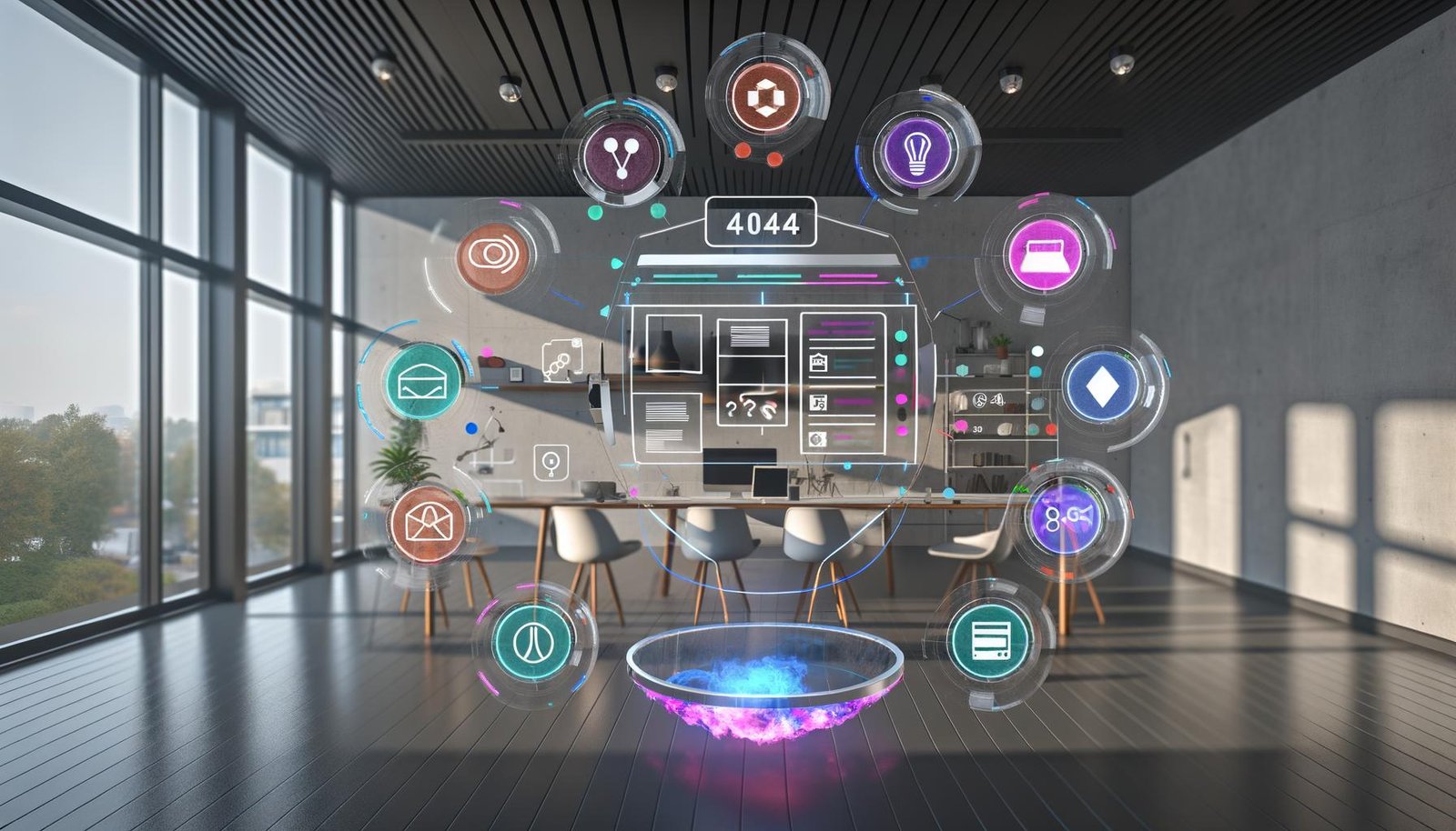 Person mit VR-Brille steht in einem modernen, hellen Raum und nutzt ein großes, schwebendes 3D-Interface mit Canva-typischen Tools, Storyboard, 3D-Asset-Bibliothek, WebXR-Preview und Analytics. Im Vordergrund das Logo von 404 Magazine und leuchtende Kreativ-Icons.