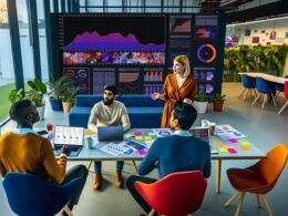 Marketing-Team diskutiert im modernen Büro vor einem Bildschirm mit Pandas DataFrame, Diagrammen und Marketing-Dashboards, umgeben von Notebooks, Post-Its und Pflanzen.