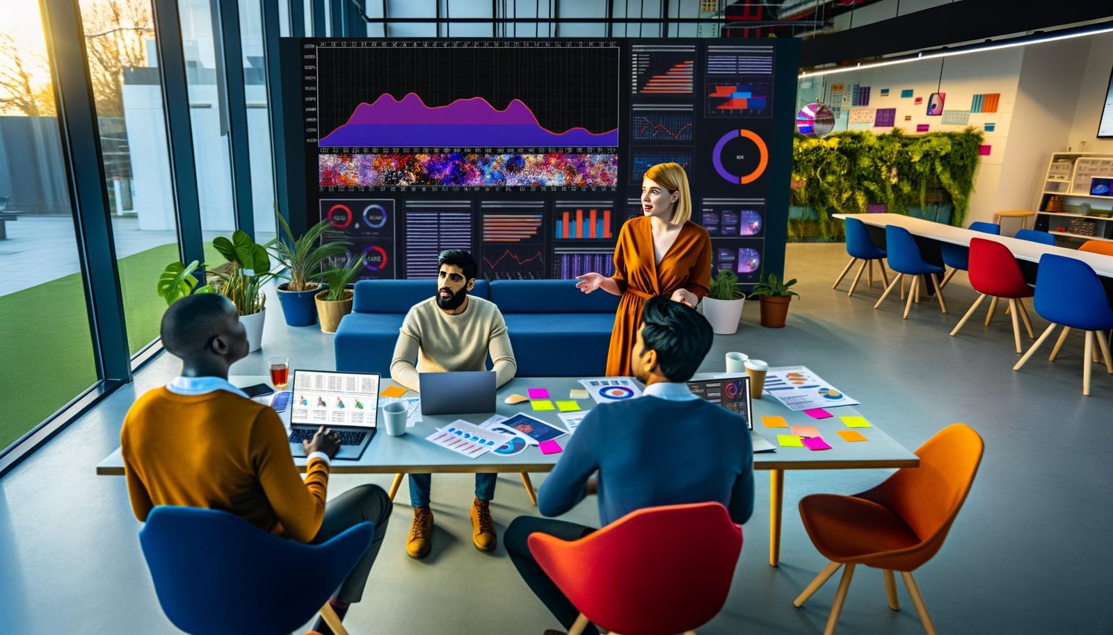 Marketing-Team diskutiert im modernen Büro vor einem Bildschirm mit Pandas DataFrame, Diagrammen und Marketing-Dashboards, umgeben von Notebooks, Post-Its und Pflanzen.