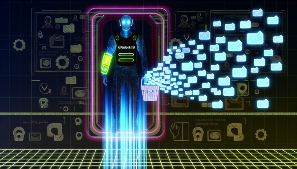 Futuristischer digitaler Türsteher mit leuchtendem 'UPLOADFILTER 2025'-Armband, der Uploads vor dem Zugang zu einer großen Internetplattform filtert, umgeben von Datenströmen und Social-Media-Symbolen.