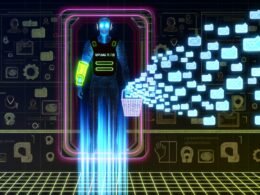 Futuristischer digitaler Türsteher mit leuchtendem 'UPLOADFILTER 2025'-Armband, der Uploads vor dem Zugang zu einer großen Internetplattform filtert, umgeben von Datenströmen und Social-Media-Symbolen.