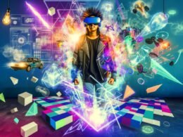 Junger Designer mit VR-Brille taucht aus einer energiegeladenen, 3D-glühenden Welt voller geometrischer Formen hervor, begleitet von holografisch leuchtenden Objekten und urbanem, kreativem Flair.