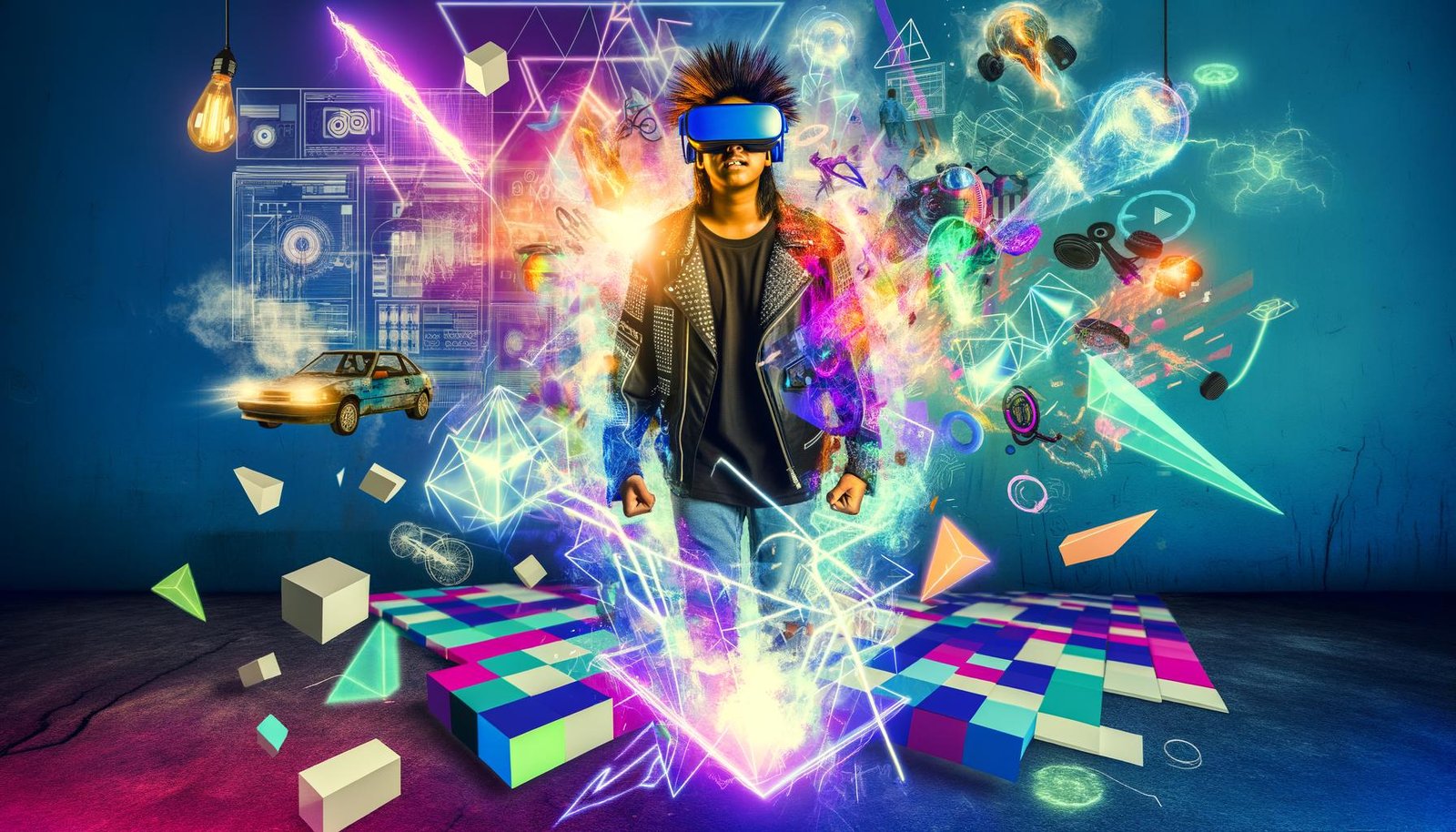 Junger Designer mit VR-Brille taucht aus einer energiegeladenen, 3D-glühenden Welt voller geometrischer Formen hervor, begleitet von holografisch leuchtenden Objekten und urbanem, kreativem Flair.