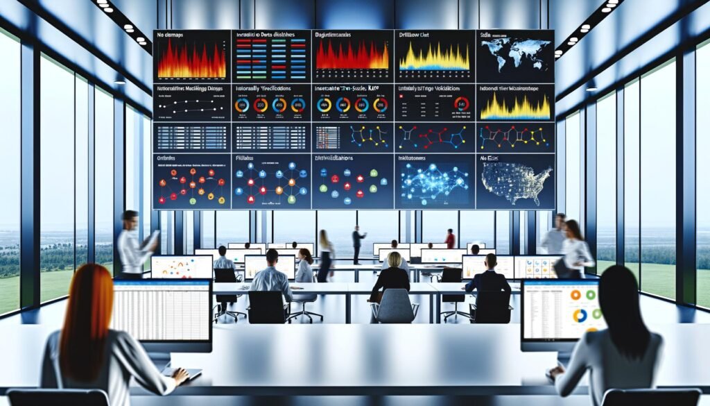 Ein modernes, dynamisch beleuchtetes Büro mit großformatigen Displays voller Dataframes, Heatmaps, interaktiven Diagrammen und Online-Marketing-Profis bei der Analyse von Echtzeitdaten.
