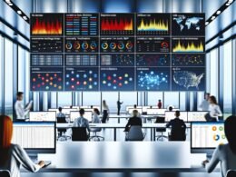 Ein modernes, dynamisch beleuchtetes Büro mit großformatigen Displays voller Dataframes, Heatmaps, interaktiven Diagrammen und Online-Marketing-Profis bei der Analyse von Echtzeitdaten.