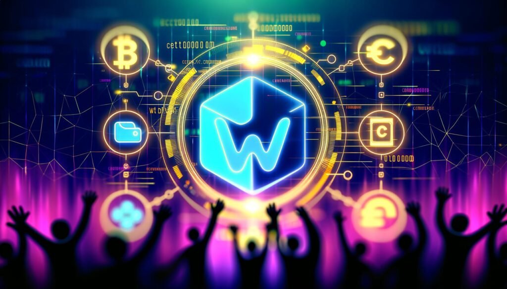 Digitale Illustration: Canva-Logo in futuristische Blockchain integriert, flankiert von NFT-Symbolen, Smart Contracts, Wallet-Icons (z.B. Metamask) und Marktplatz-Logos wie OpenSea und Rarible. Creator-Silhouetten greifen nach Token unter einem Hauch von digitaler Ownership.