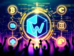 Digitale Illustration: Canva-Logo in futuristische Blockchain integriert, flankiert von NFT-Symbolen, Smart Contracts, Wallet-Icons (z.B. Metamask) und Marktplatz-Logos wie OpenSea und Rarible. Creator-Silhouetten greifen nach Token unter einem Hauch von digitaler Ownership.