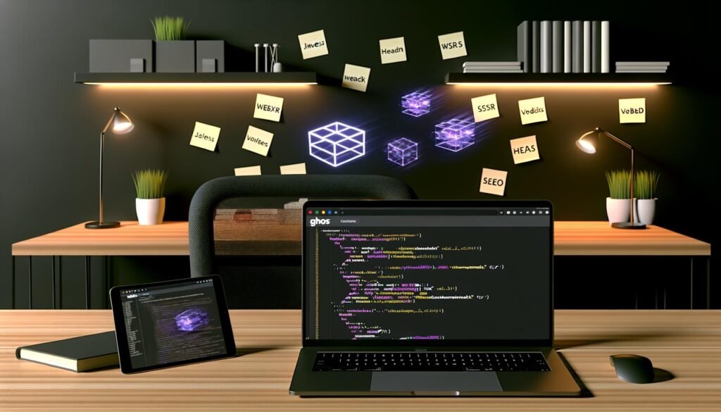 Moderne Magazin-Redaktion mit Ghost CMS Backend auf einem Laptop, geöffnetem Browserfenster mit interaktiven AR-Overlays, sichtbaren JavaScript-Codezeilen und Tech-Startup-Ambiente mit Pflanzen, Tablet und Post-its mit technischen Begriffen.