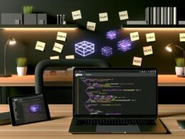 Moderne Magazin-Redaktion mit Ghost CMS Backend auf einem Laptop, geöffnetem Browserfenster mit interaktiven AR-Overlays, sichtbaren JavaScript-Codezeilen und Tech-Startup-Ambiente mit Pflanzen, Tablet und Post-its mit technischen Begriffen.