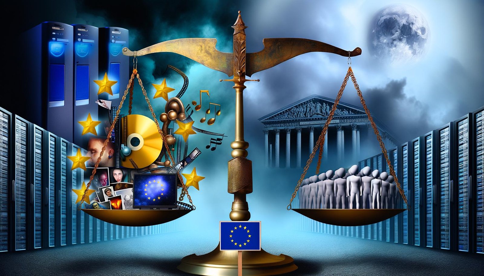 Dramatisches Bild einer Waage mit digitalen Inhalten und ausgesperrten Nutzern durch Uploadfilter unter schwebendem Damoklesschwert mit EU-Sternen vor Serverracks und dem EU-Parlament.