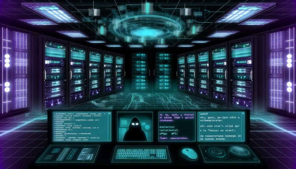 Illustration einer digitalen Kontrollzentrale im Maschinenraum-Design mit Monitoren, Server-Racks und einem Operator, der API-Verbindungen und Datenströme überwacht.