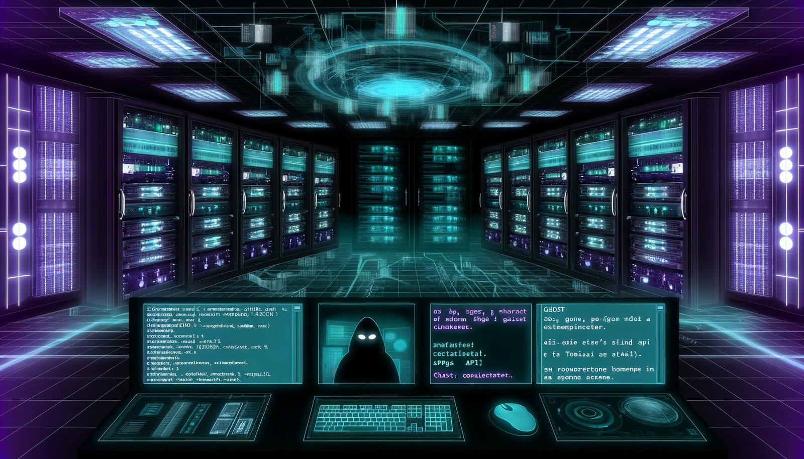 Illustration einer digitalen Kontrollzentrale im Maschinenraum-Design mit Monitoren, Server-Racks und einem Operator, der API-Verbindungen und Datenströme überwacht.