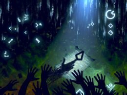 Illustration eines digitalen Dschungels mit verzweifelten Händen, Lichtstrahl auf zerknittertem Papier mit ‚Uploadfilter‘, umgeben von Tech- und Politik-Symbolen sowie Datencodes.