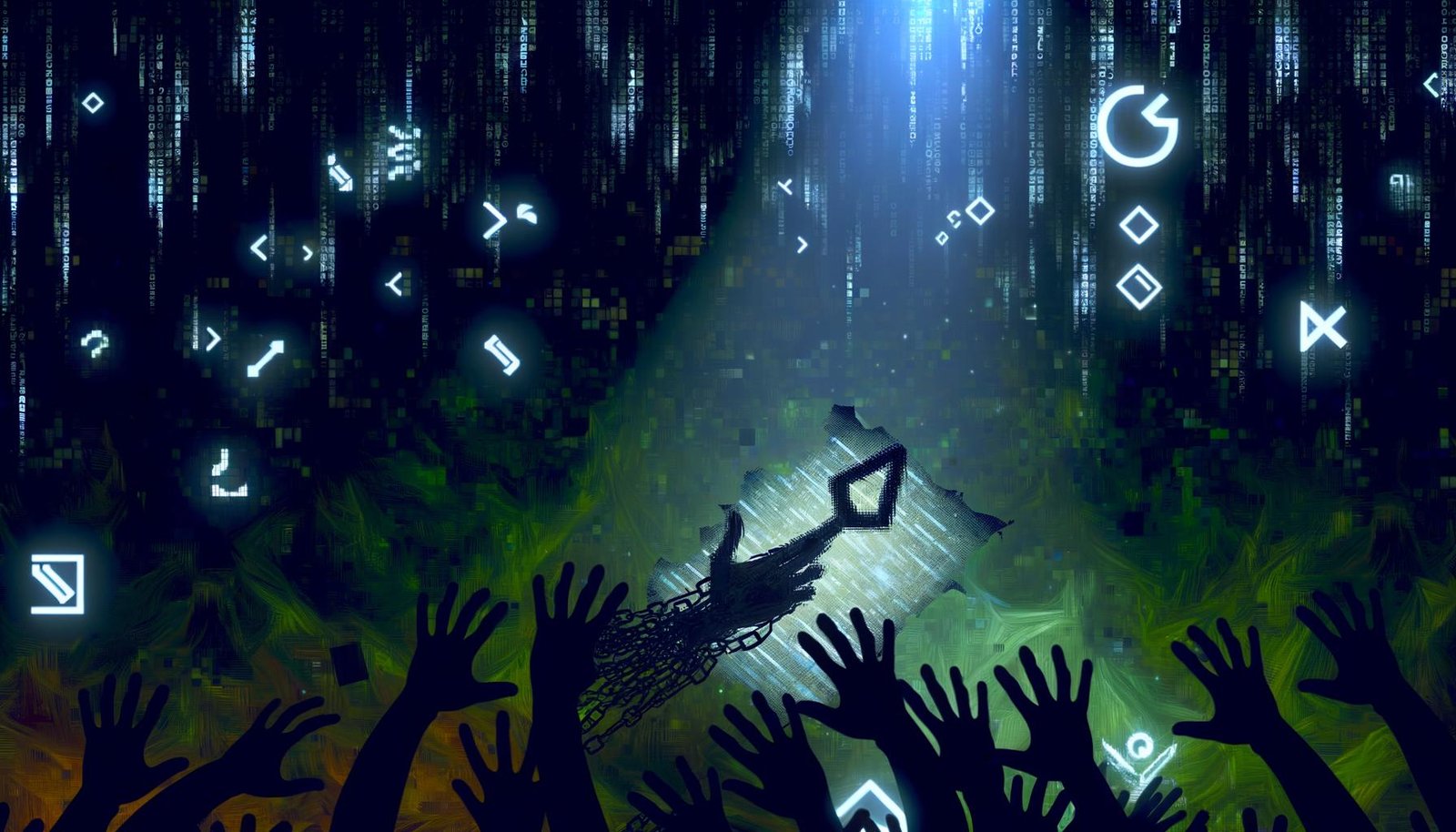 Illustration eines digitalen Dschungels mit verzweifelten Händen, Lichtstrahl auf zerknittertem Papier mit ‚Uploadfilter‘, umgeben von Tech- und Politik-Symbolen sowie Datencodes.