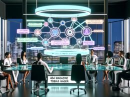 Futuristisches Büro mit digitalem Interface, wo ein diverses Team mit schwebenden Datenströmen, Ontologien, API-Visualisierungen und Echtzeit-Dashboards arbeitet. Stadtpanorama symbolisiert digitale Innovation 2024.