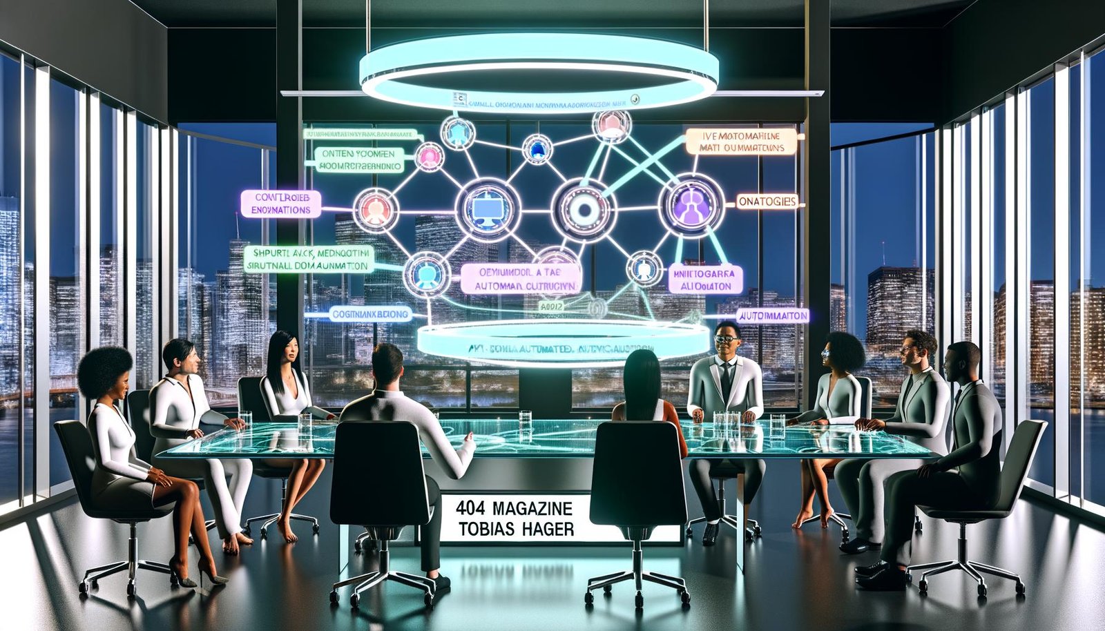 Futuristisches Büro mit digitalem Interface, wo ein diverses Team mit schwebenden Datenströmen, Ontologien, API-Visualisierungen und Echtzeit-Dashboards arbeitet. Stadtpanorama symbolisiert digitale Innovation 2024.