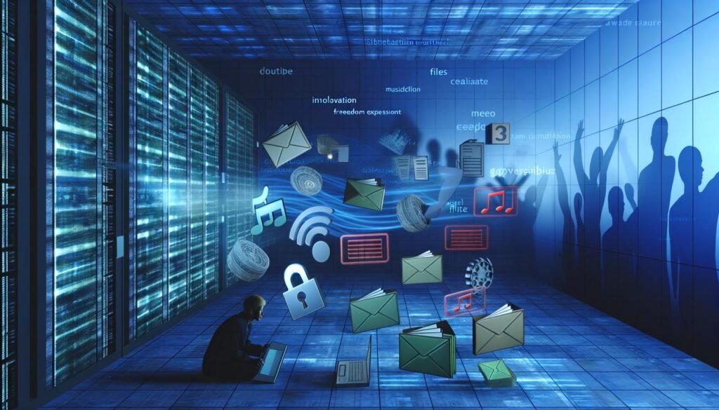 Serverraum mit leuchtenden Datenströmen, schwebende digitale Symbole, rot markierte Dateien, große Waage zwischen Innovation, Meinungsfreiheit, Urheberrecht und Plattformregulierung, Nutzer vor Warnhinweisen, verschwommene Figuren im Hintergrund.