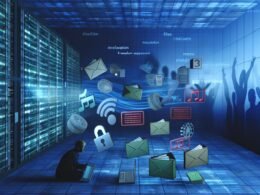 Serverraum mit leuchtenden Datenströmen, schwebende digitale Symbole, rot markierte Dateien, große Waage zwischen Innovation, Meinungsfreiheit, Urheberrecht und Plattformregulierung, Nutzer vor Warnhinweisen, verschwommene Figuren im Hintergrund.