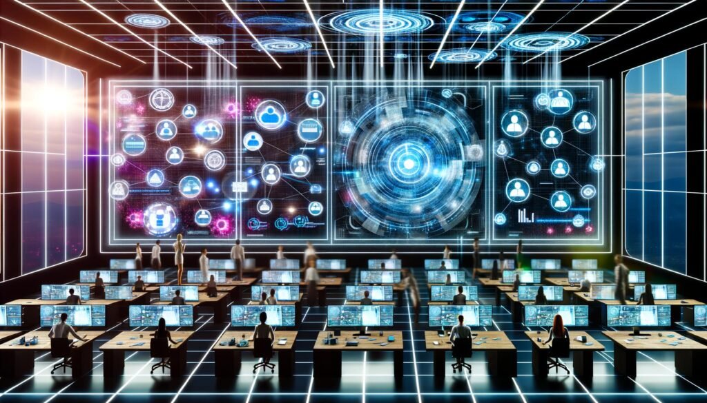 Futuristischer Kontrollraum mit transparenten Displays, schwebenden Hologrammen und Fachleuten aus Marketing, Entwicklung und Redaktion, die gemeinsam Content-Strukturen und Taxonomien gestalten.