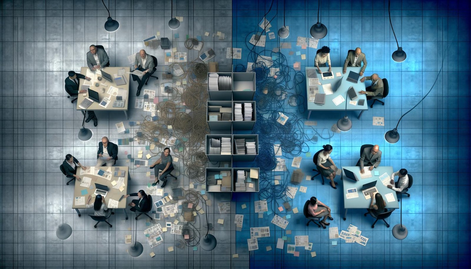 Zweigeteilter digitaler Workspace: Links chaotisches, unorganisiertes Team mit Papieren und Kabeln, rechts strukturiertes, effizientes Team mit klaren Workflows und geordneten Daten, in der Mitte ein leuchtender Governance-Blueprint als Brücke.