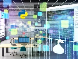 Futuristischer Arbeitsplatz mit schwebenden, holographischen Dataframes, Python-Schlange, Pandas-Bär, R-Logo und digitalen Diagrammen in einem visionären Data-Labor.