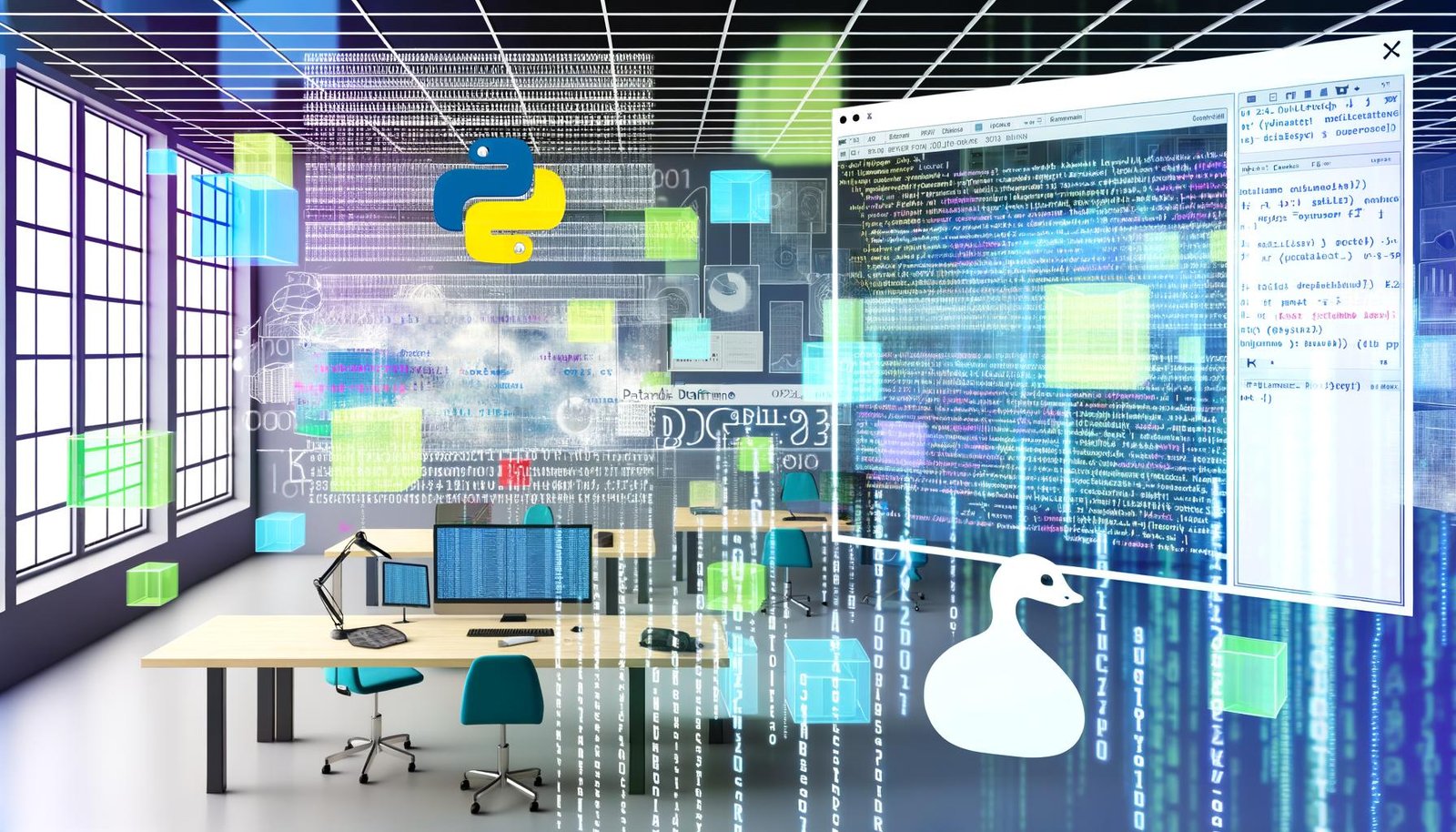 Futuristischer Arbeitsplatz mit schwebenden, holographischen Dataframes, Python-Schlange, Pandas-Bär, R-Logo und digitalen Diagrammen in einem visionären Data-Labor.