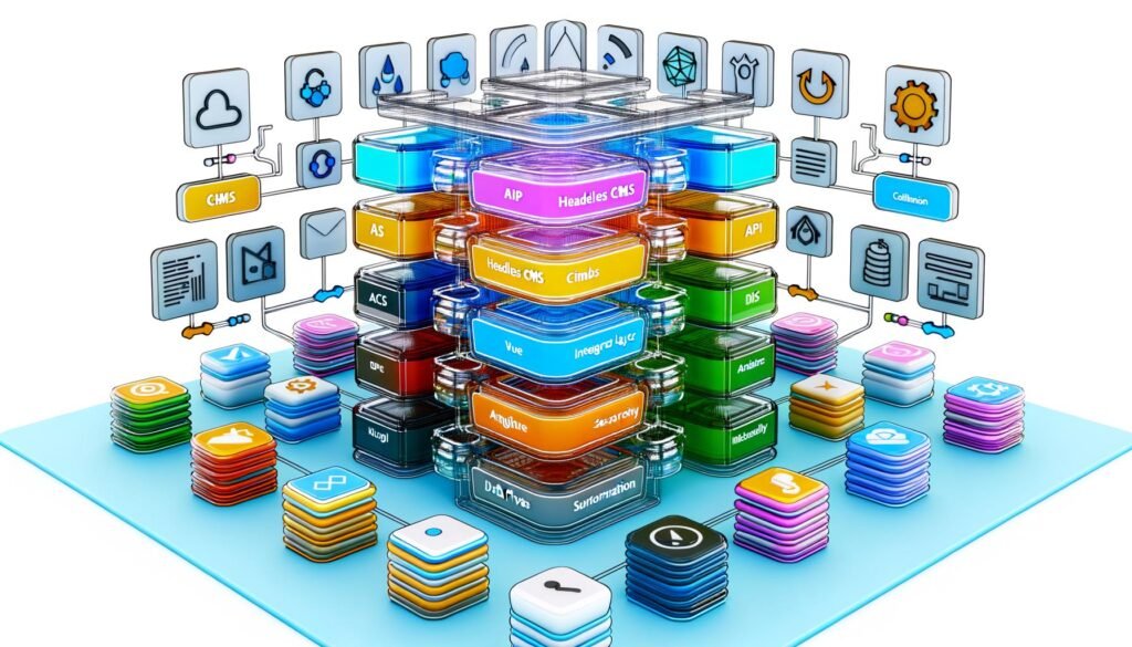 Abstrakte Illustration einer strukturierten CMS-Tools-Architektur 2024 mit mehrschichtigem 3D-Diagramm, Headless CMS, APIs, Integrationslayer, Microservices und Frontend-Framework-Icons.