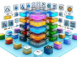 Abstrakte Illustration einer strukturierten CMS-Tools-Architektur 2024 mit mehrschichtigem 3D-Diagramm, Headless CMS, APIs, Integrationslayer, Microservices und Frontend-Framework-Icons.