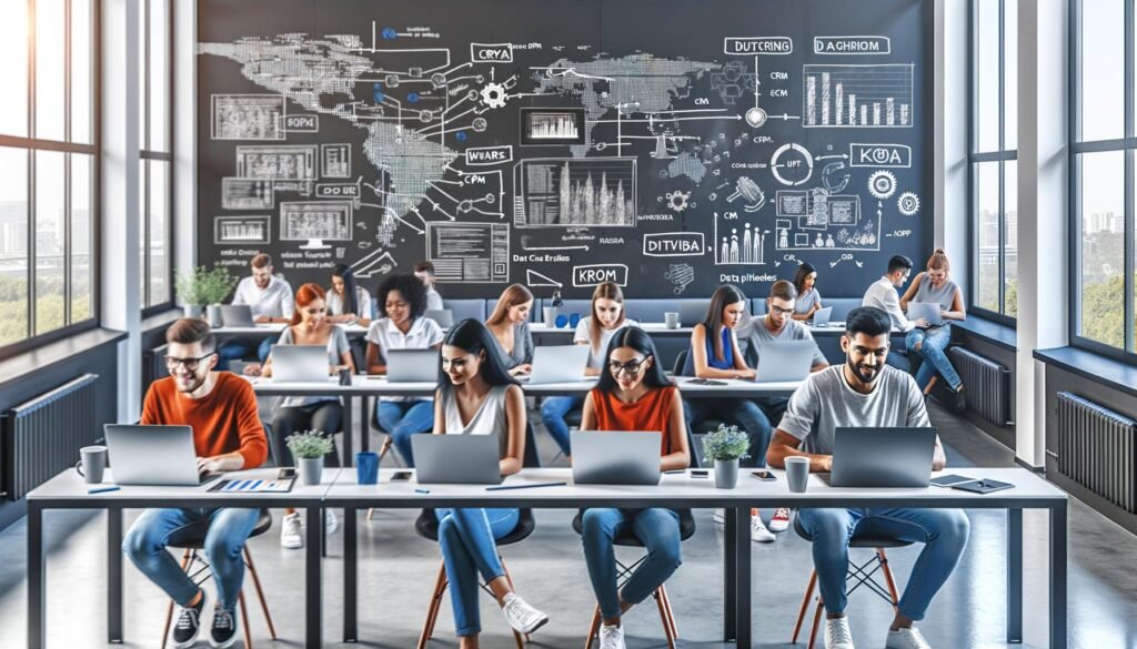 Modernes Marketing-Team analysiert Daten und Visualisierungen an Laptops in einem stylishen Open-Space-Büro, mit digitalen Diagrammen und KPI-Dashboards auf den Bildschirmen.