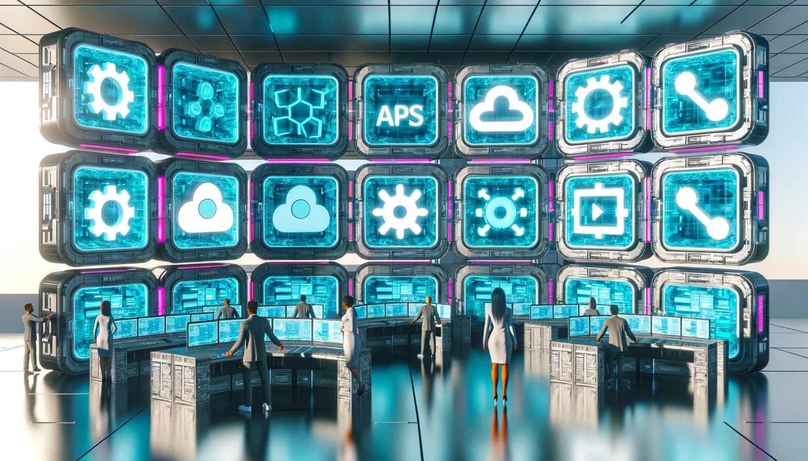 Futuristischer Kontrollraum mit holografischen Interfaces, digitalem Dashboard und Fachleuten, die fortschrittliche CMS-Tools zur effizienten Content-Verwaltung nutzen.