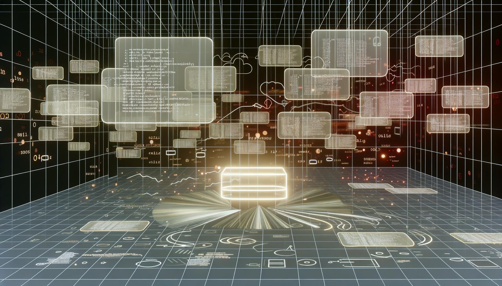 Futuristischer Arbeitsplatz mit schwebenden DataFrame-Tabellen, analytischen Workflows und Symbolen von Python, R und Spark in einer High-Tech-Umgebung.