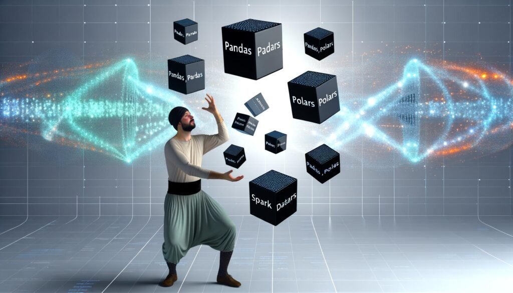 Jonglierender Artist hält glänzende Datenwürfel mit den Aufschriften Pandas, Polars, Spark und Dataframe, im Hintergrund digitale Netzwerklinien
