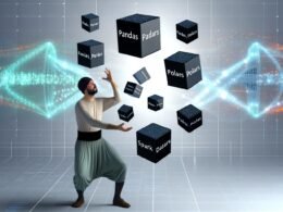 Jonglierender Artist hält glänzende Datenwürfel mit den Aufschriften Pandas, Polars, Spark und Dataframe, im Hintergrund digitale Netzwerklinien