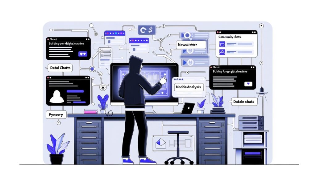 Digitale Illustration eines Creators im Hoodie, der eine futuristische Maschine inmitten mehrerer Bildschirme mit Tech-, Zahlungs- und Community-Icons sowie Analyse-Grafiken baut. Im Hintergrund Technik wie Kabel, Server und Node.js-Symbole.