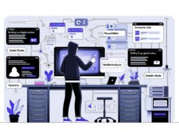 Digitale Illustration eines Creators im Hoodie, der eine futuristische Maschine inmitten mehrerer Bildschirme mit Tech-, Zahlungs- und Community-Icons sowie Analyse-Grafiken baut. Im Hintergrund Technik wie Kabel, Server und Node.js-Symbole.
