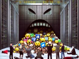 Digitale Illustrationen zeigen einen riesigen, bedrohlichen Uploadfilter als Stahlmauer. Auf einer Seite blockierte Emojis, Memes und frustrierte User, auf der anderen strahlende Plattform-Giganten und Anwälte im Business-Look. Kaltes Serverlicht und blinkende Warnlampen schaffen eine düstere Stimmung.