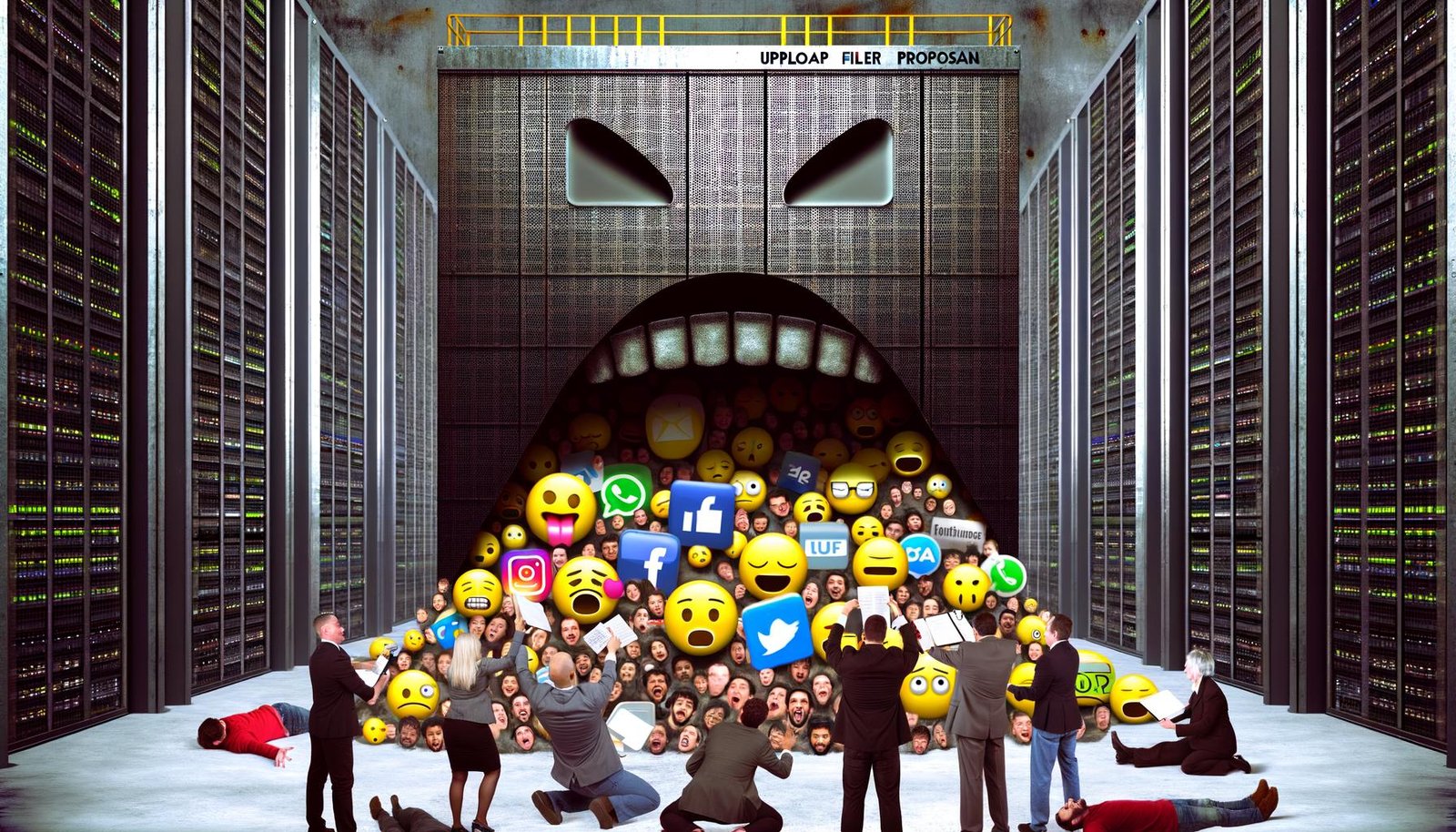 Digitale Illustrationen zeigen einen riesigen, bedrohlichen Uploadfilter als Stahlmauer. Auf einer Seite blockierte Emojis, Memes und frustrierte User, auf der anderen strahlende Plattform-Giganten und Anwälte im Business-Look. Kaltes Serverlicht und blinkende Warnlampen schaffen eine düstere Stimmung.