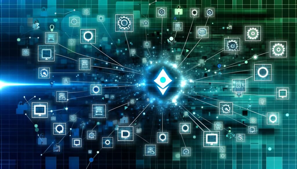 Futuristische Grafik eines dezentralen Publishing-Netzwerks mit Ghost-Logo, verknüpften Servern, Blockchain-Blöcken und IPFS-Symbolen in Türkis, Blau und Neonfarben