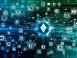 Futuristische Grafik eines dezentralen Publishing-Netzwerks mit Ghost-Logo, verknüpften Servern, Blockchain-Blöcken und IPFS-Symbolen in Türkis, Blau und Neonfarben