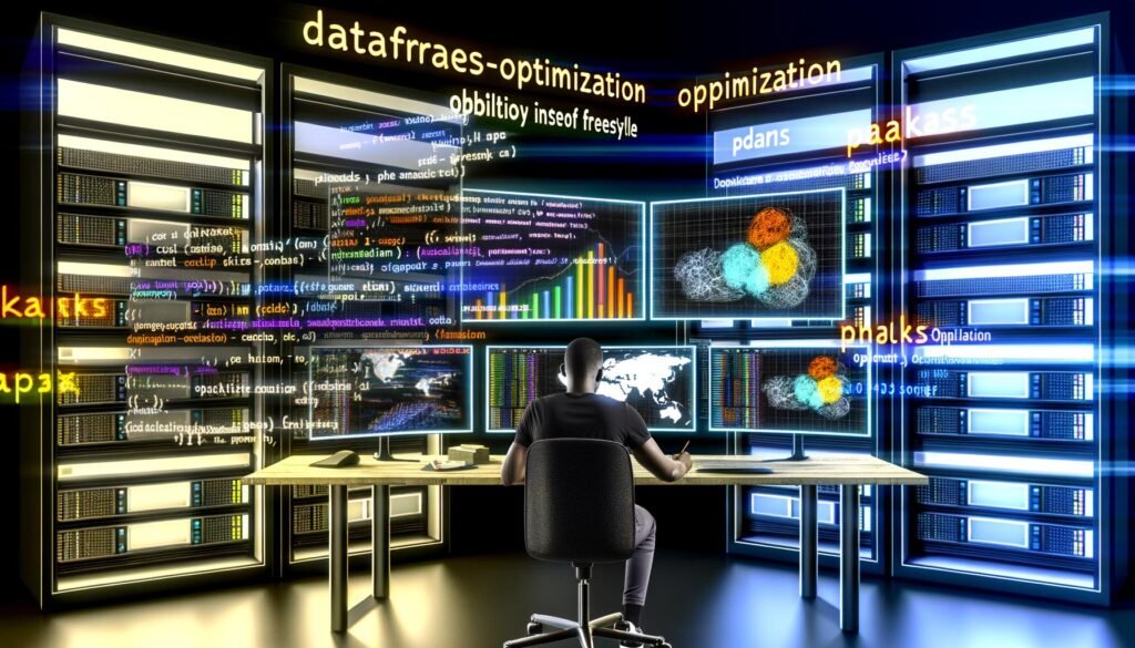 Ultramoderner Arbeitsplatz mit mehreren großen Monitoren, angezeigten Dataframes, Notizzetteln mit Pandas, Dask, Polars und Spark sowie aktiven Serverracks im Hintergrund.