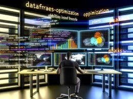 Ultramoderner Arbeitsplatz mit mehreren großen Monitoren, angezeigten Dataframes, Notizzetteln mit Pandas, Dask, Polars und Spark sowie aktiven Serverracks im Hintergrund.