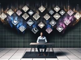 Hyperrealistische Darstellung eines Online-Marketing-Profis an einem metaphorischen Schreibtisch im digitalen Stil, umgeben von Social-Media-Logos und dynamischen Uploadfilter-Barrieren, die Bilder, Videos und Audiosymbole aufhalten.