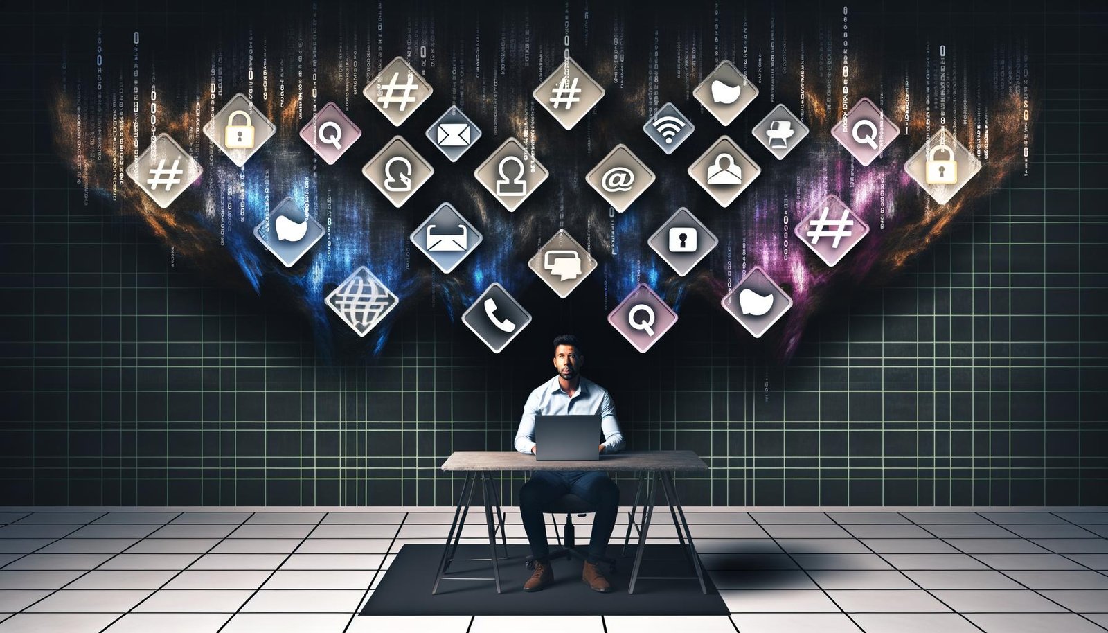 Hyperrealistische Darstellung eines Online-Marketing-Profis an einem metaphorischen Schreibtisch im digitalen Stil, umgeben von Social-Media-Logos und dynamischen Uploadfilter-Barrieren, die Bilder, Videos und Audiosymbole aufhalten.