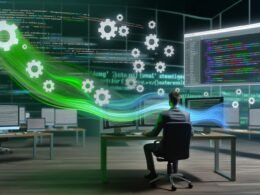 Konzentrierter Marketer an mehreren Monitoren mit Ghost CMS, Codezeilen, KI-generiertem Content, SEO-Statistiken und digitalen Automatisierungselementen in futuristischer Büro-Umgebung.